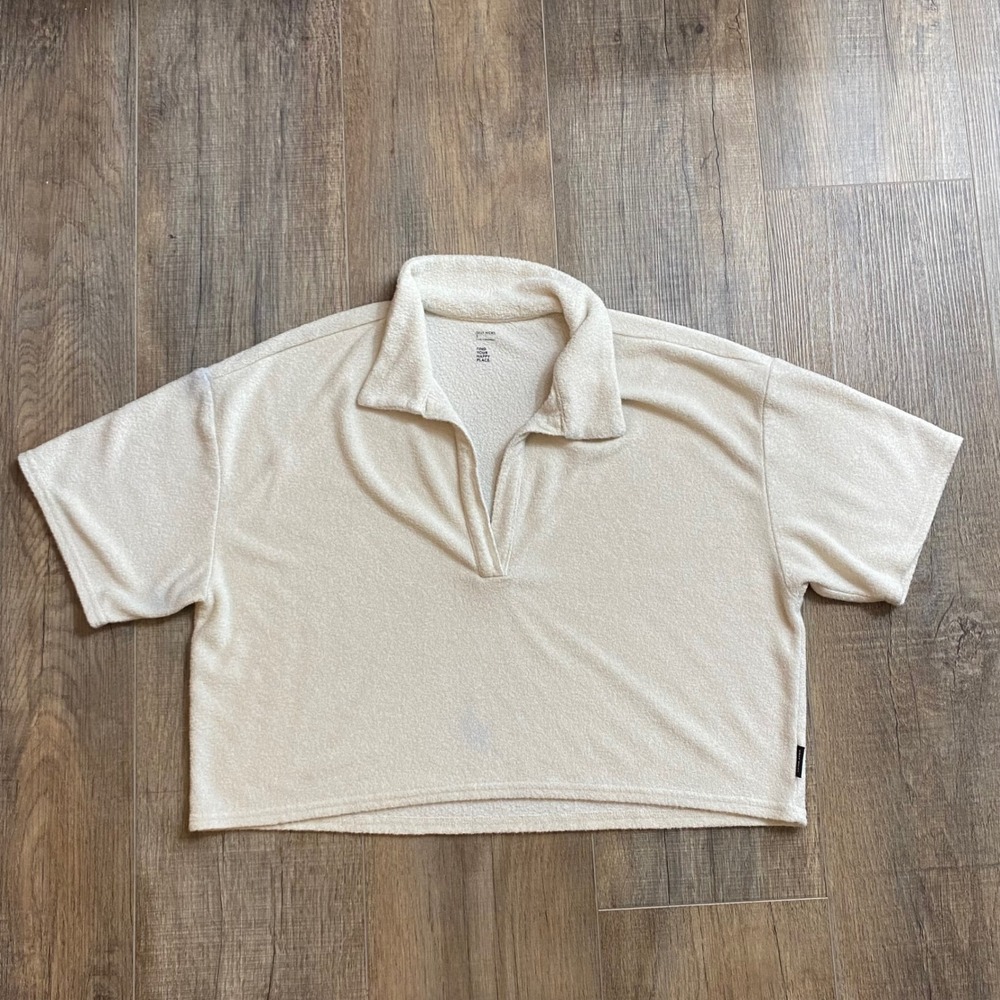 Gilly Hicks Womens Cream Terry Cloth Cropped Polo Shirt Short Sleeve Small (S)